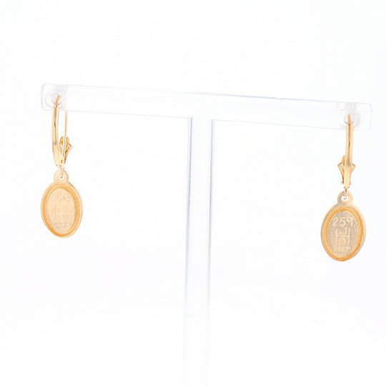 Gold Quartz Earrings Oval Inlaid Design Lever Backs - G2