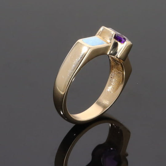 Opal Rings 2 Section Inlaid Design with Oval Amethyst Center
