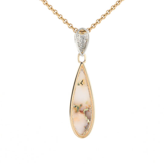 Gold Quartz Necklace, Tear Drop Inlaid Design with .11ctw Diamond Pave Pendant