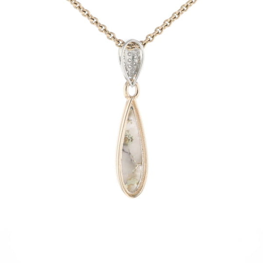 Gold Quartz Necklace Tear Drop Inlaid Pendant with .11ctw Diamonds