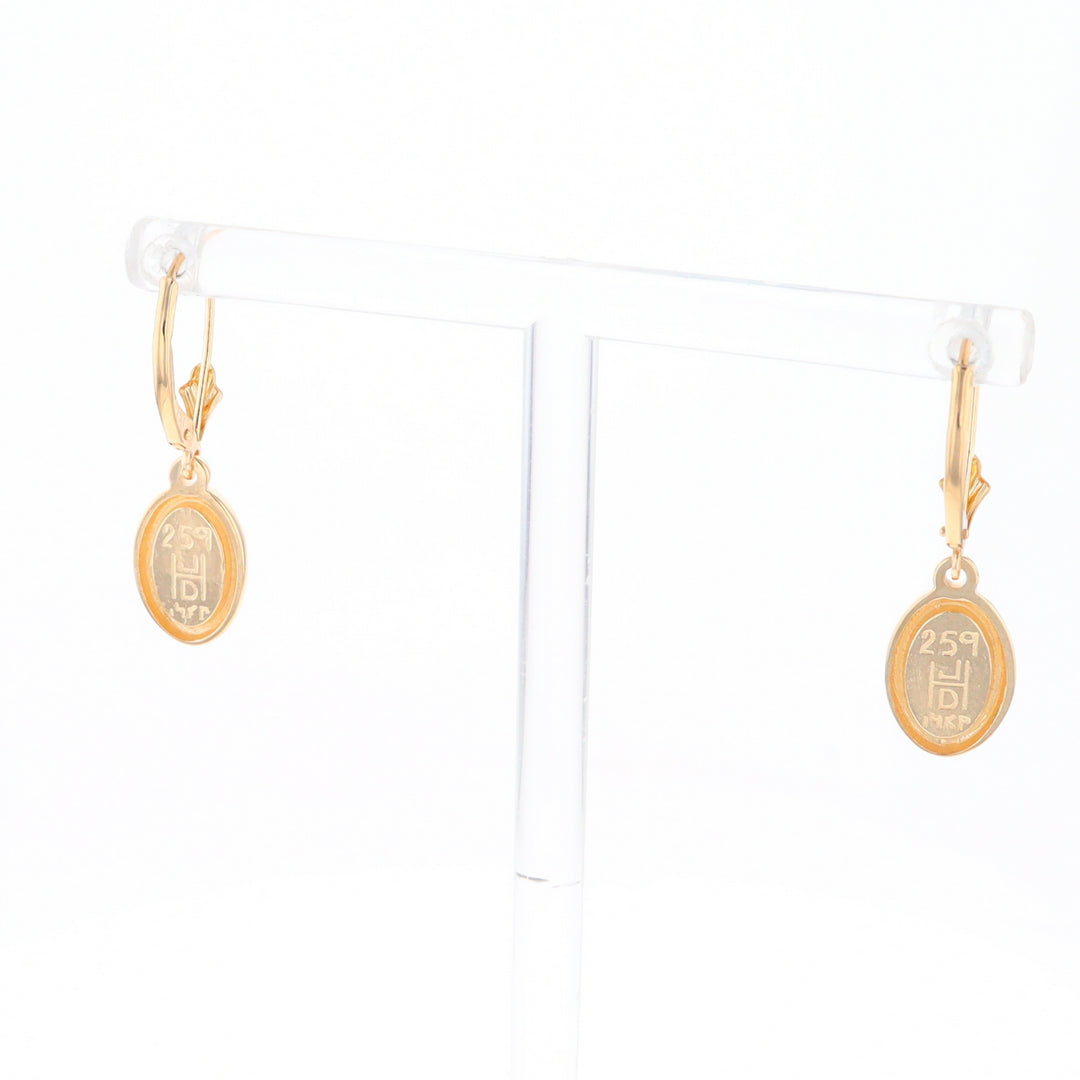 Gold Quartz Earrings Oval Inlaid Design Lever Backs - G2