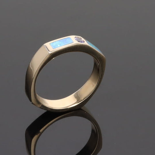 Opal Rings 2 Section Inlaid Design with Round Tanzanite