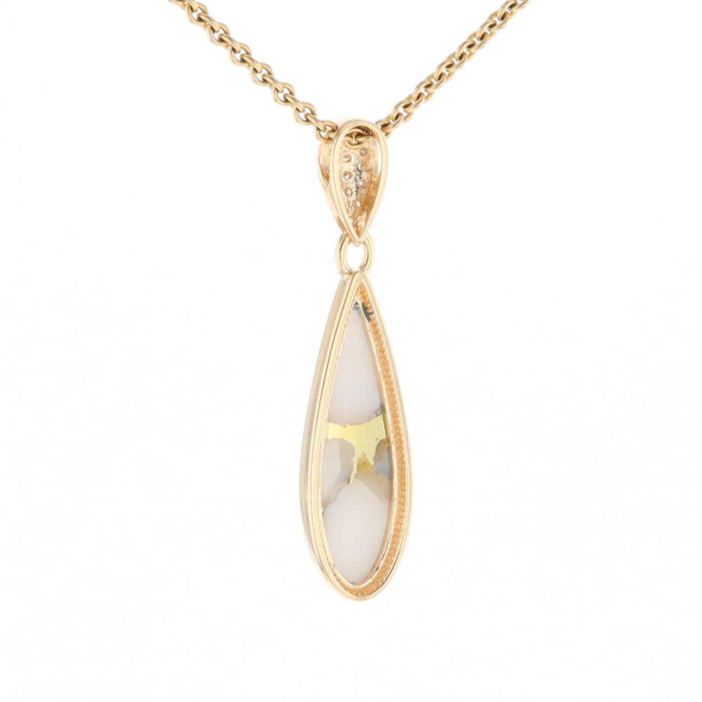 Gold Quartz Necklace, Tear Drop Inlaid Design with 0.11ctw Diamond Pave Pendant G2