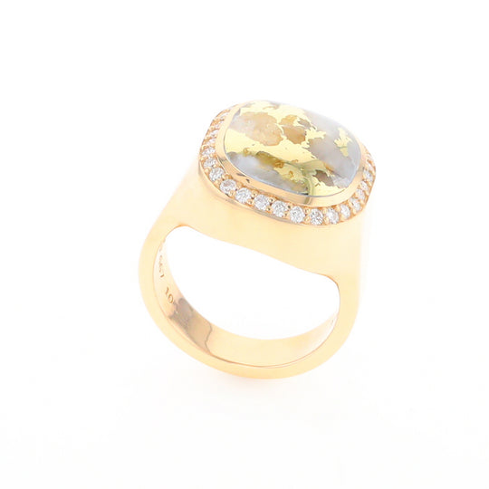 Gold Quartz Cushion Inlaid Men's Ring with Diamond Halo