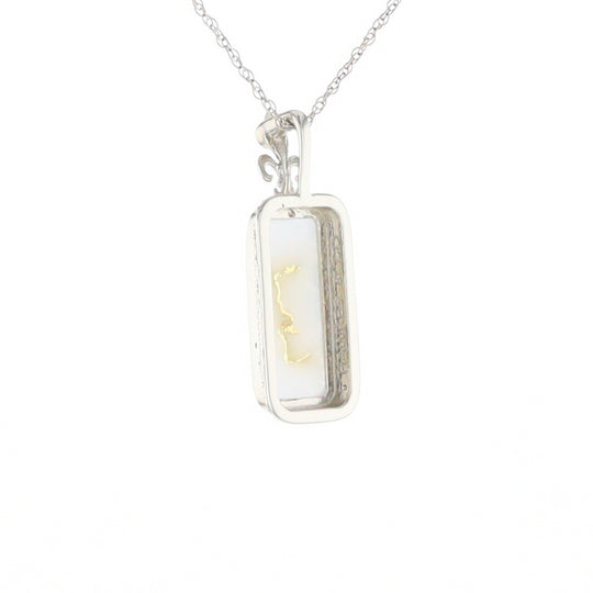 Gold Quartz Necklace, Rectangle Inlaid Fleur De Lis Design with .02ctw Diamond Pendant