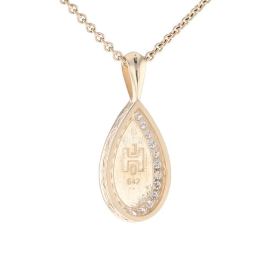 Gold Quartz Pendant Tear Drop Inlaid .42ctw Diamond Halo Design