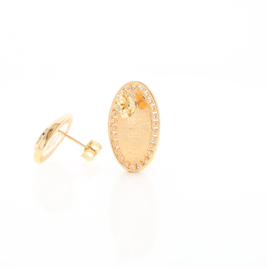 Gold Quartz Earrings Oval Inlaid Design .73ctw Round Diamonds Halo