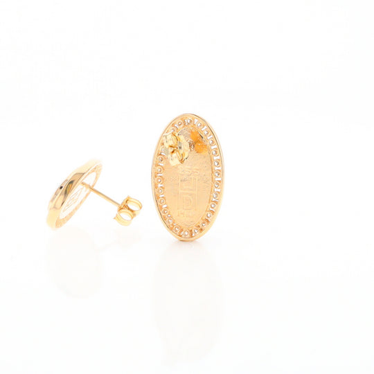 Gold Quartz Earrings Oval Inlaid Design .73ctw Round Diamonds Halo