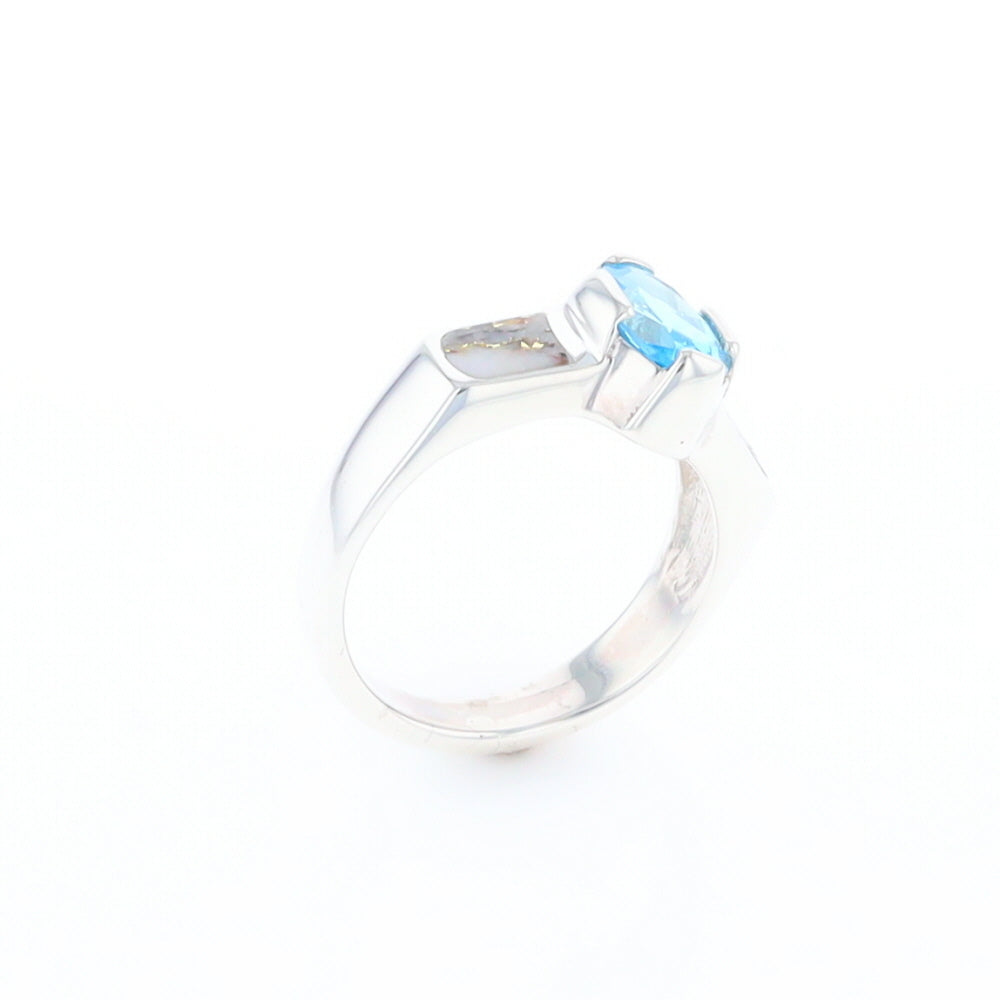 Sterling Silver Gold Quartz Inlaid Oval Blue Topaz Ring - G3