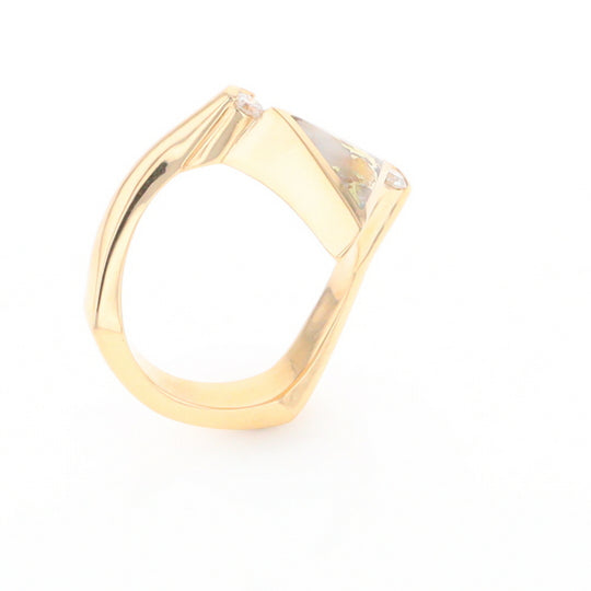 Gold Quartz Ring Triangle Inlaid Design With .14ctw Round Diamonds