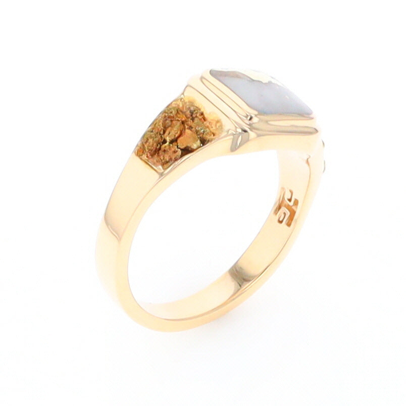 Gold Quartz Ring Square Inlaid Design Double Natural Nugget Sides