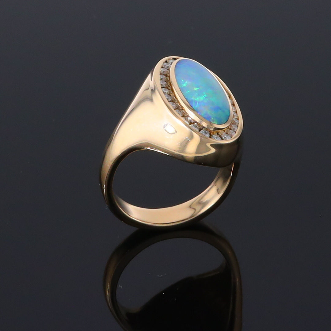 Opal Rings Oval Inlaid Design with .36ctw Round Diamonds Halo