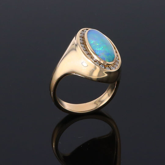 Opal Rings Oval Inlaid Design with .36ctw Round Diamonds Halo