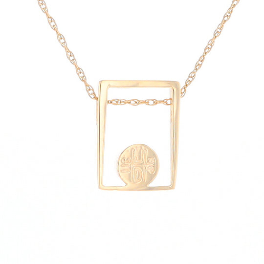 Gold Quartz Necklace Round Inlay Open Rectangle Design Pendant