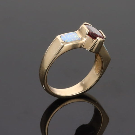 Opal Rings 2 Section Inlaid Design with Oval Pink Tourmaline