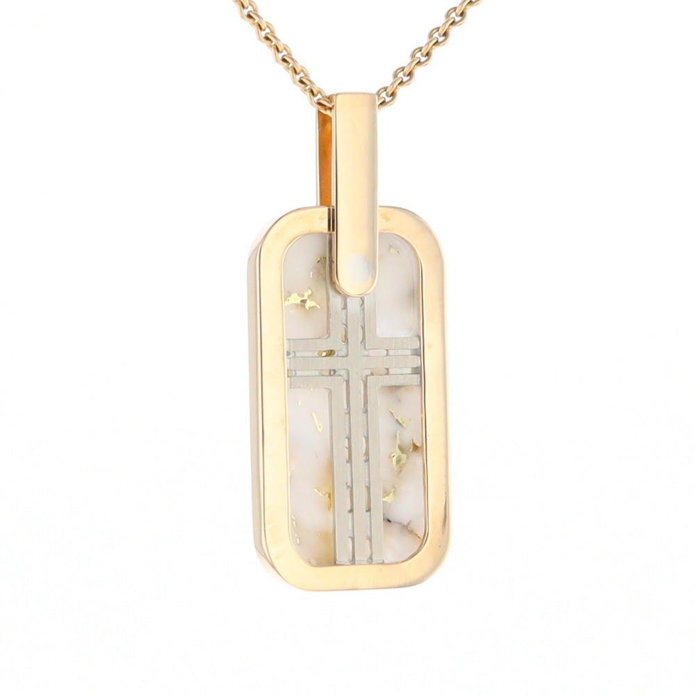 Gold Quartz Necklace Dog Tag Double Sided Inlaid Cross Pendant