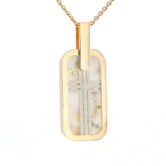 Gold Quartz Necklace Dog Tag Double Sided Inlaid Cross Pendant