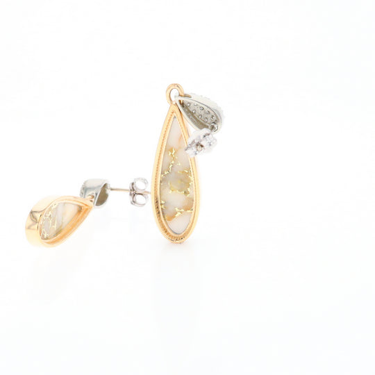 Gold Quartz Earrings, Tear Drop Inlaid with .22ctw Diamond Pave Design