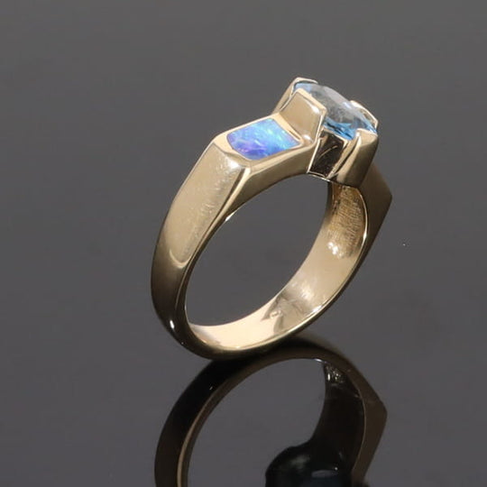 Opal Rings 2 Section Inlaid Design with Oval Swiss Blue Topaz Center