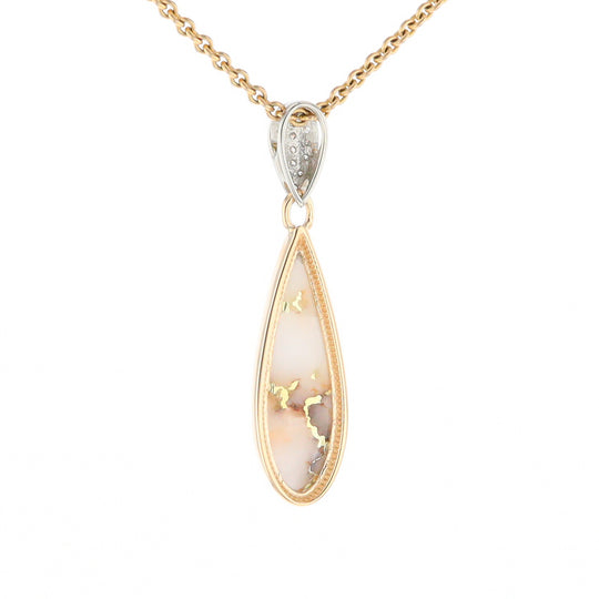 Gold Quartz Necklace, Tear Drop Inlaid Design with .11ctw Diamond Pave Pendant