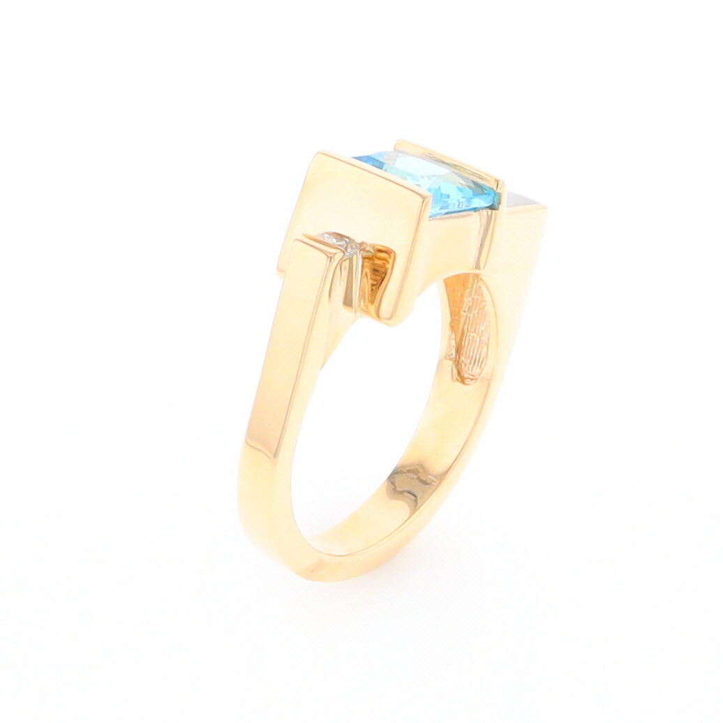 Gold Quartz Ring Rectangle Inlay Swiss Blue Topaz .06ct Round Diamond