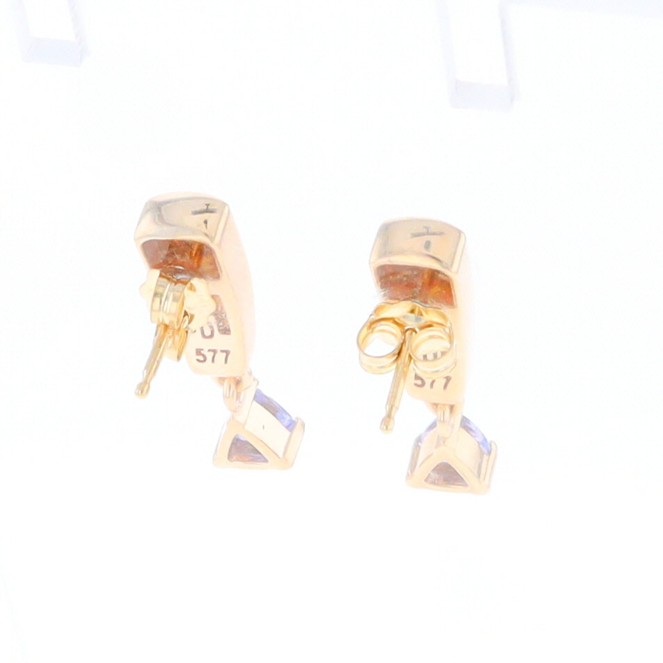 Gold Quartz Earrings Rectangle Inlaid Design with 0.11ct Diamonds & Trillion Cut Tanzanite