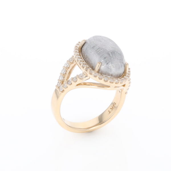 Meteorite Ring Oval Cabochon 0.65ctw Round Diamonds Halo