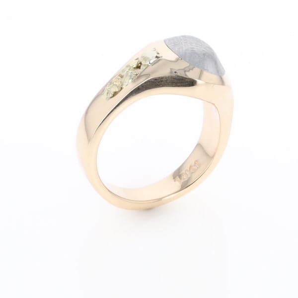 Oval Meteorite Inlaid Ring with Natural Gold Nuggets