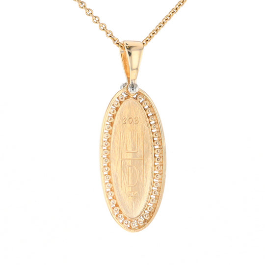 Gold Quartz Necklace .54ctw Halo Diamond Oval Inlaid Pendant