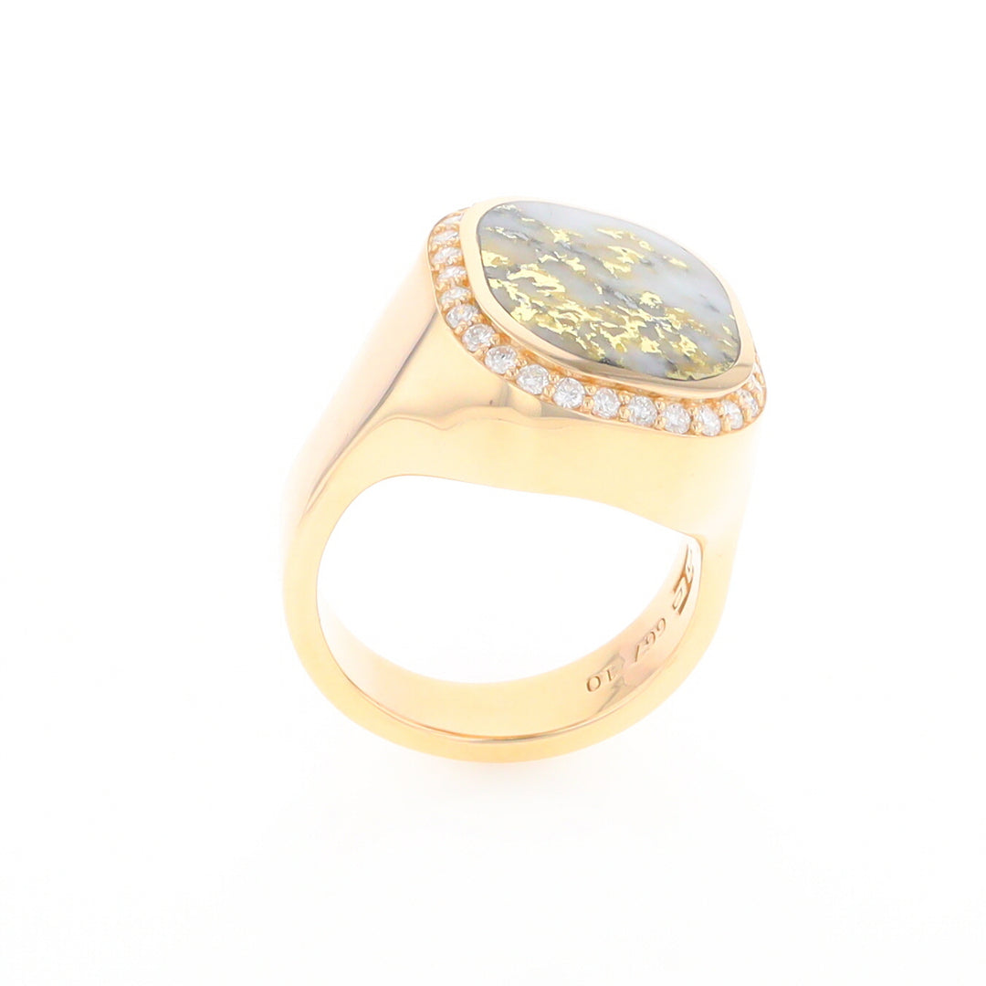 Gold Quartz Cushion Inlaid Men's Ring with Diamond Halo