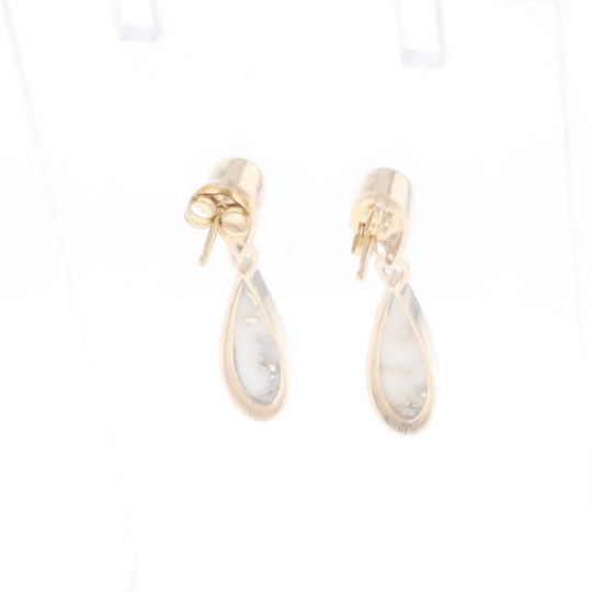 Gold Quartz Earrings Tear Drop Inlaid Design