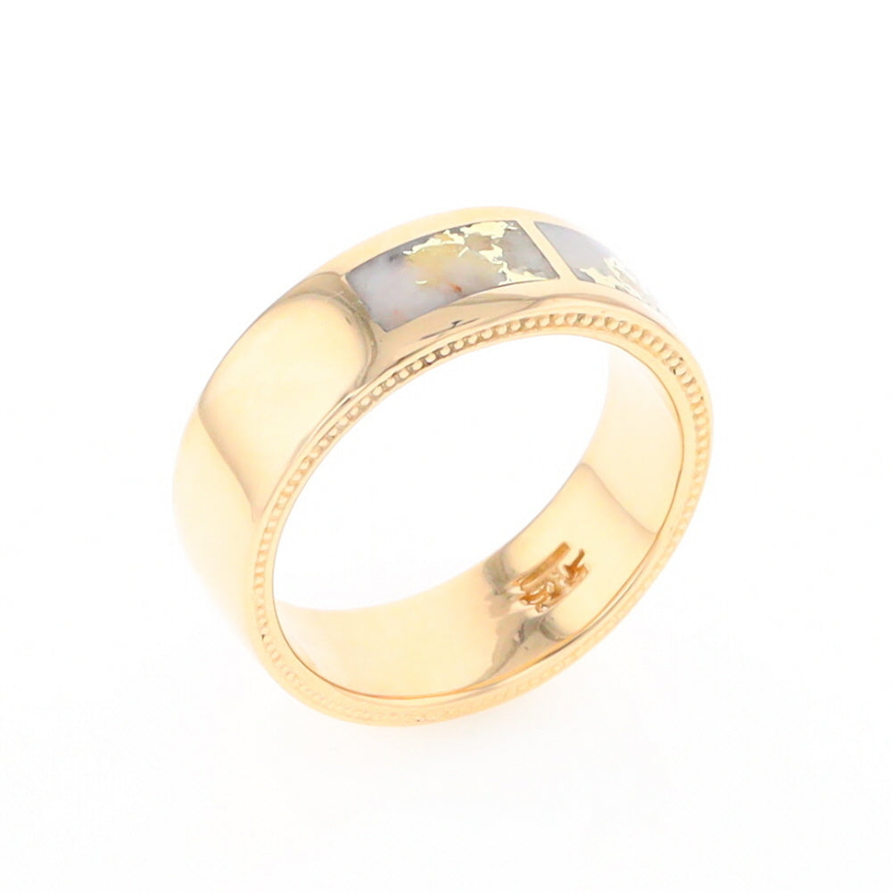 Gold Quartz Ring 3 Section Rectangle Inlaid Band with Milgrain Design