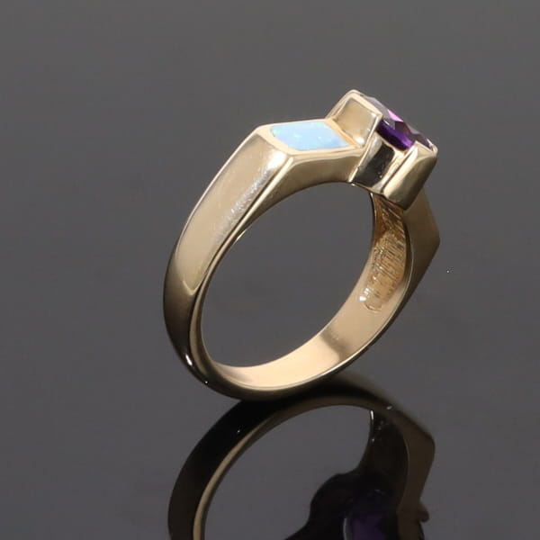 Opal Rings 2 Section Inlaid Design with Oval Amethyst Center