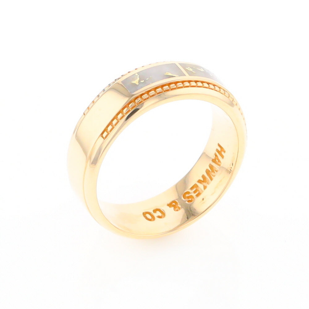 Gold Quartz Ring 3 Section Rectangle Inlaid Milgrain Border Band