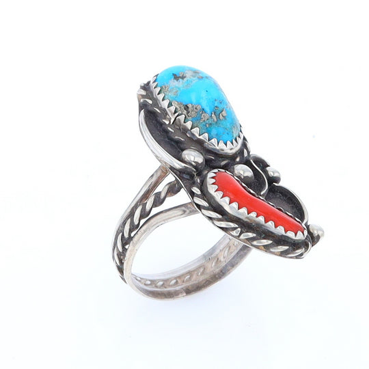 Freeform Turquoise and Coral Silver Rope Ring