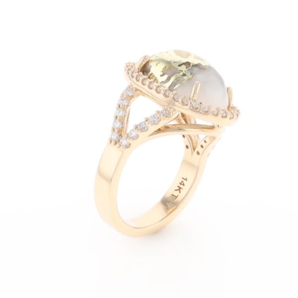 Gold Quartz Ring Oval Cabochon 0.65ctw Round Diamonds Halo