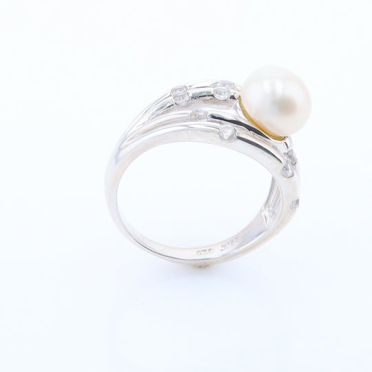 Pearl Bamboo Ring with Cubic Zirconia Accents