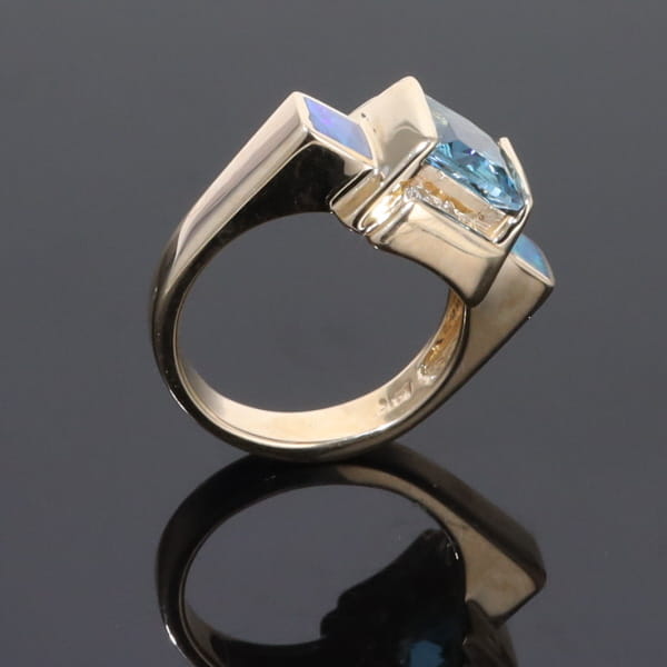 Opal Rings Inlaid Sides Swiss Blue Topaz Center with .24ctw Diamonds