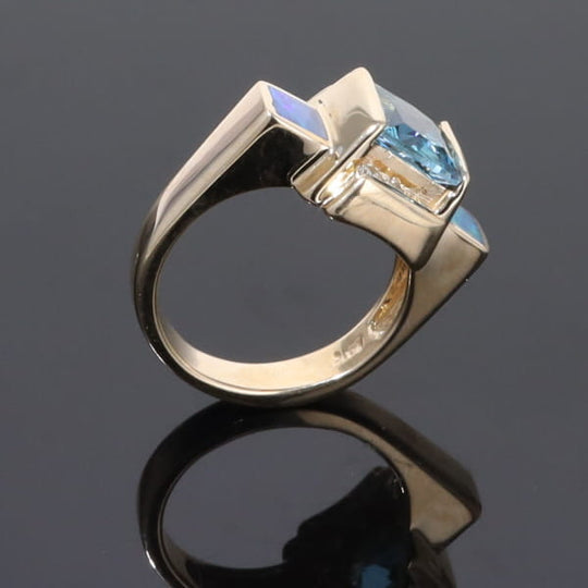 Opal Rings Inlaid Sides Swiss Blue Topaz Center with .24ctw Diamonds