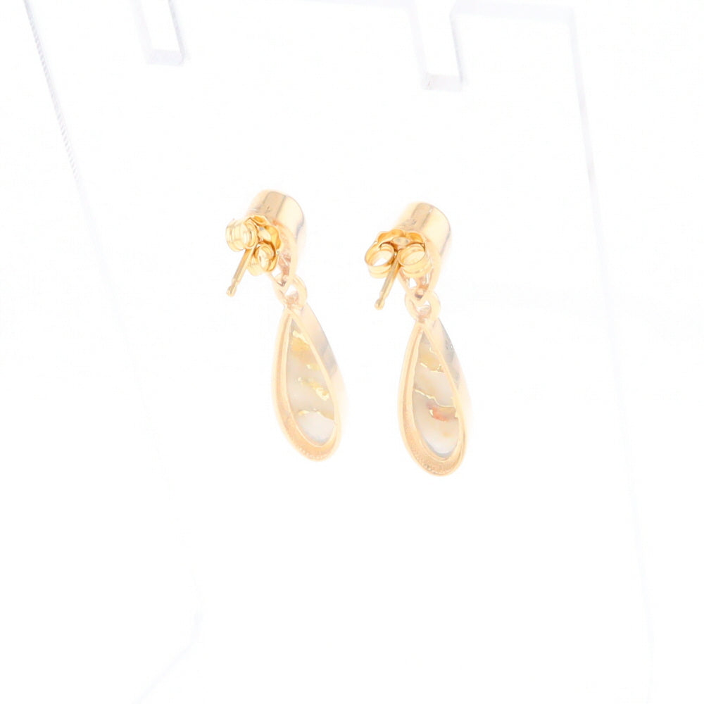 Gold Quartz Earrings Tear Drop Inlaid Design