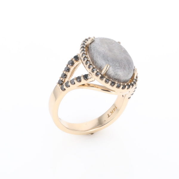 Meteorite Ring Oval Cabochon 0.65ctw Round Black Diamonds Halo