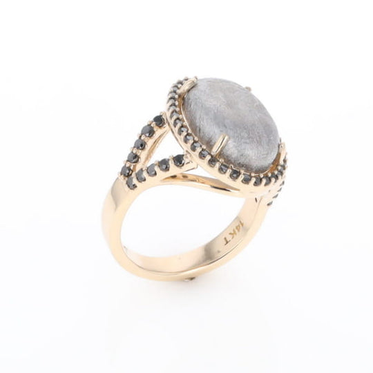 Meteorite Ring Oval Cabochon 0.65ctw Round Black Diamonds Halo
