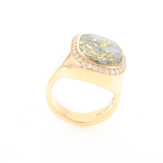 Gold Quartz Cushion Inlaid Men's Ring with Diamond Halo