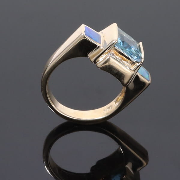 Opal Rings Inlaid Sides Swiss Blue Topaz Center with .24ctw Diamonds