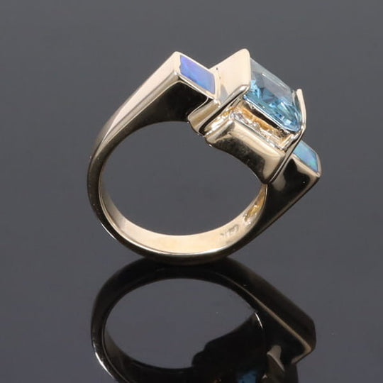 Opal Rings Inlaid Sides Swiss Blue Topaz Center with .24ctw Diamonds