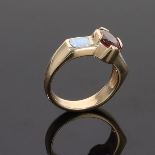 Opal Rings 2 Section Inlaid Design with Oval Pink Tourmaline