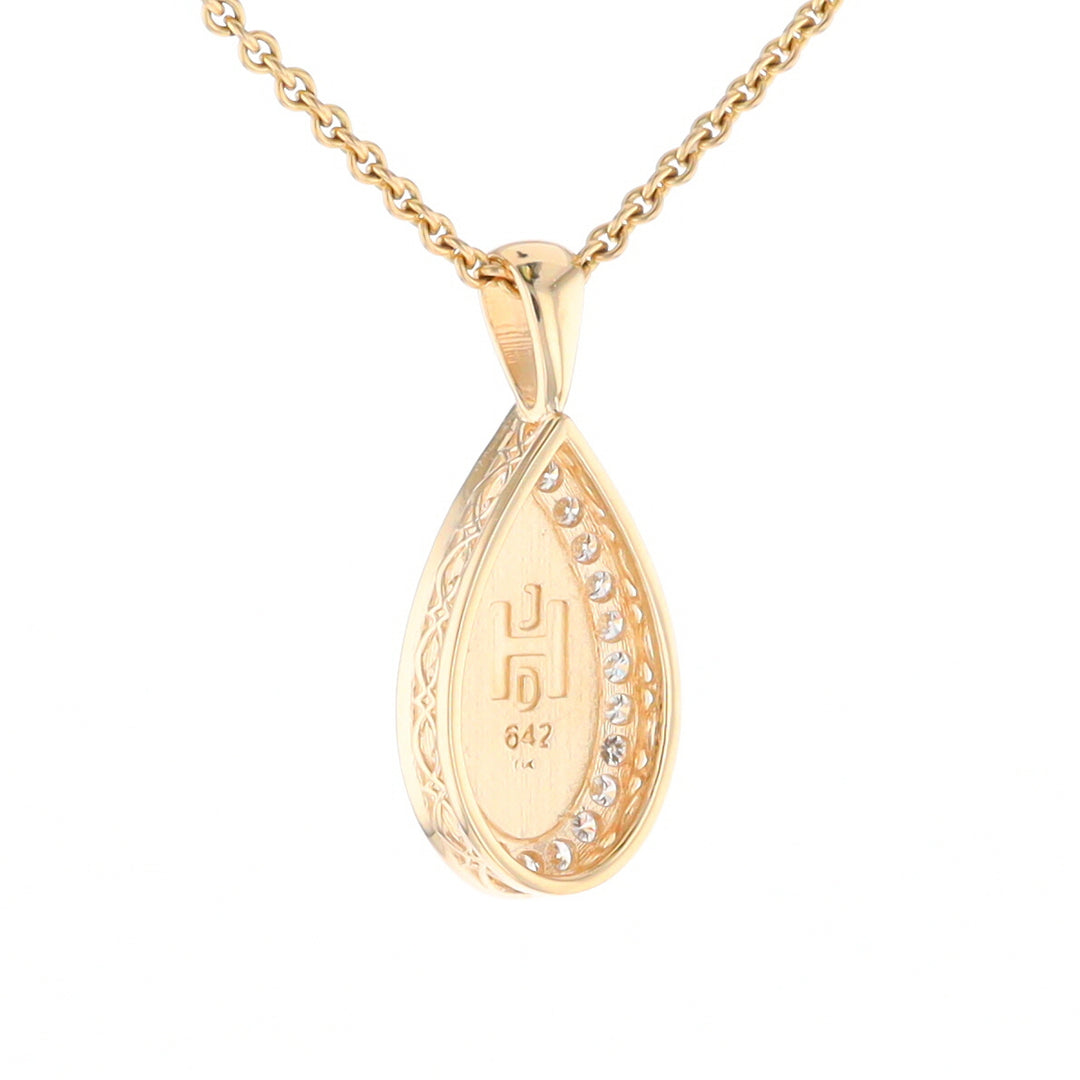 Gold Quartz Pendant Tear Drop Inlaid .42ctw Diamond Halo Design