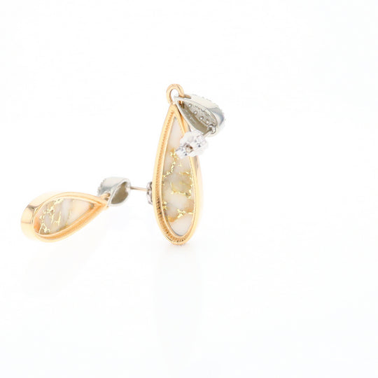 Gold Quartz Earrings, Tear Drop Inlaid with .22ctw Diamond Pave Design