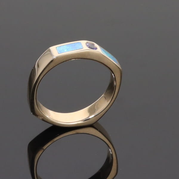 Opal Rings 2 Section Inlaid Design with Round Tanzanite