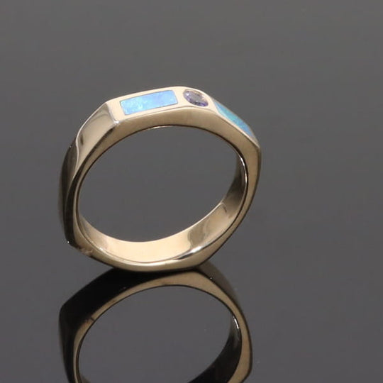 Opal Rings 2 Section Inlaid Design with Round Tanzanite